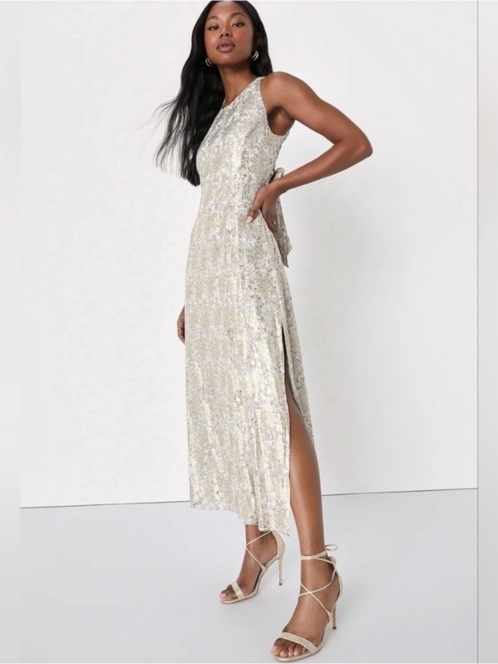 Lulus Romantic Charm Gold Floral Print Tie-Back MidiDress Wedding XS NEW W/tags